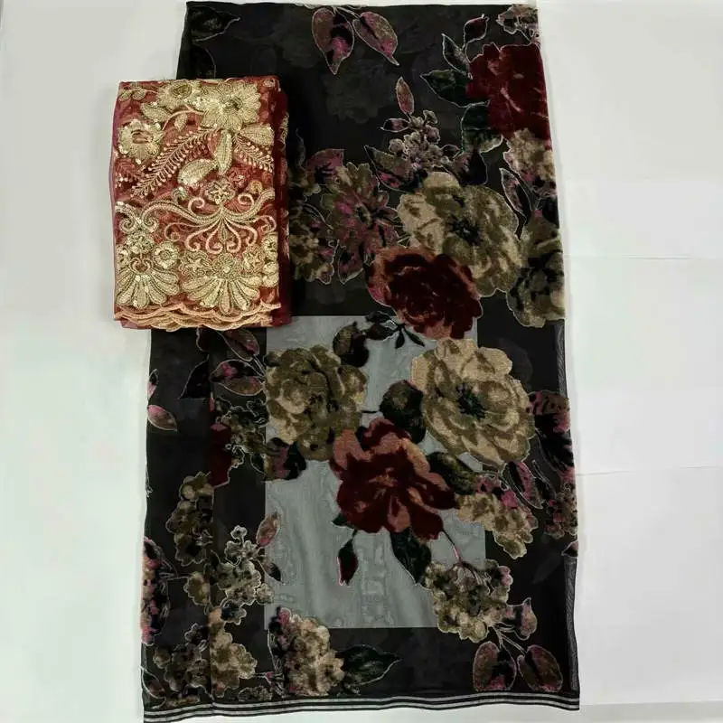 2023 High quality african printed velvet fabric 5+2 yards for ladies to wear soft and comfortable printed velvet silk fabric.L75