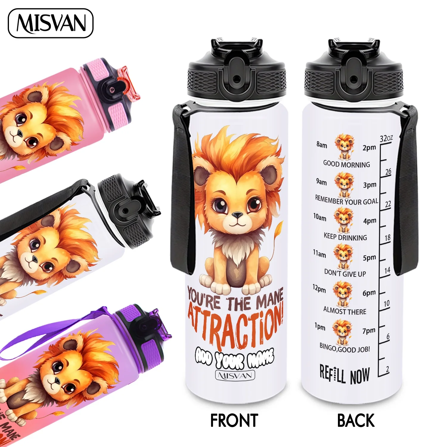 

Бутылка для воды 32 унции с мультяшным львом и мотивационными цитатами, градиентная, непротекаемая, с HD-рисунком, не осыпающимся, идеально подходит для спорта и фитнеса