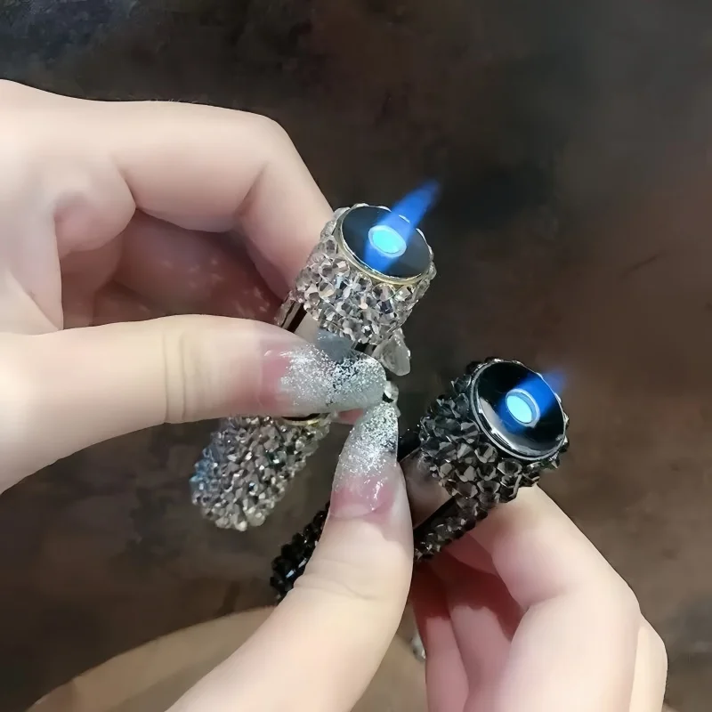 

High End Diamond Studded Windproof Straight Forward Red Flame Lighter Double-sided Press Outdoor Igniter Gift To Goddess