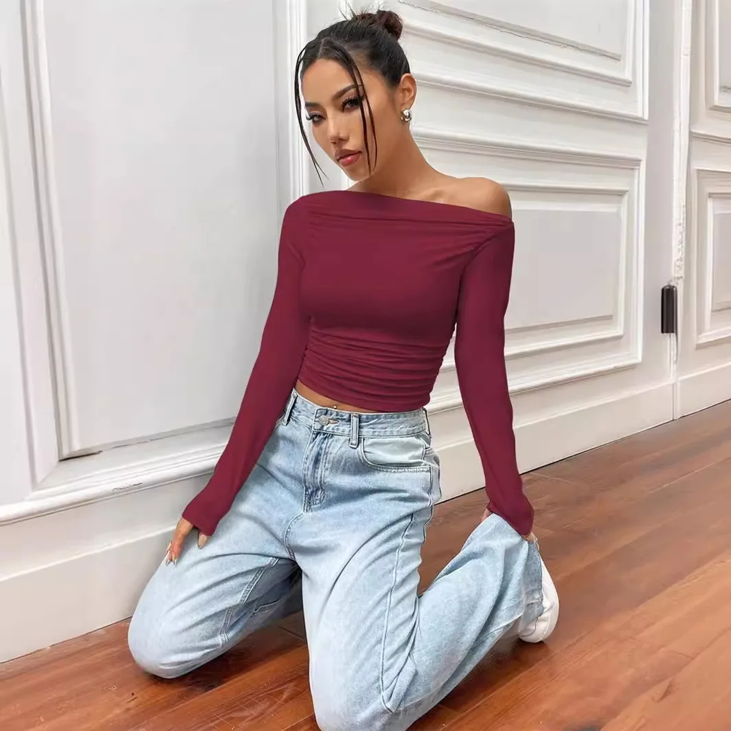 Spring Summer 2024 Women's Slim Fit T-Shirt with Pleats Shoulder Detail Long Sleeve Versatile Casual Fashion Chinese Origin