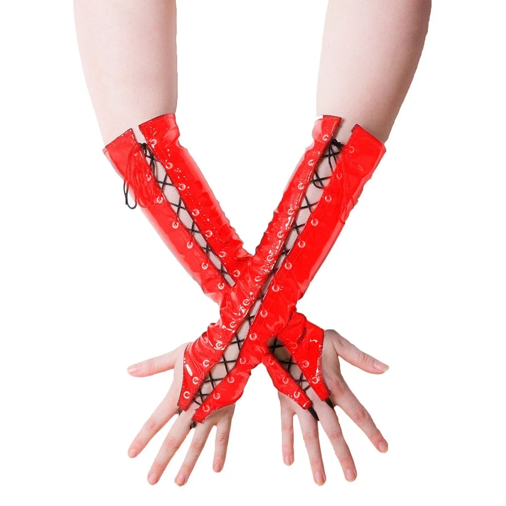Sexy Frauen PVC PU Leder Handschuhe Schnürung Aushöhlen Lange Punk Handschuh Cosplay