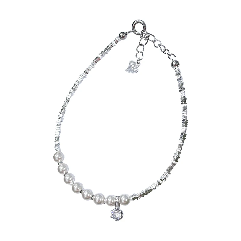 

Pearl S925 sterling silver broken silver bracelet niche design girls stacked jewelry