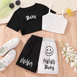 2024 Girl Set Summer Fashion 3 Pce Teen Girls Sports suit Short Sleeves Color Contrast Alphabet Kids Outfit 7 8 9 10 11 12 Years