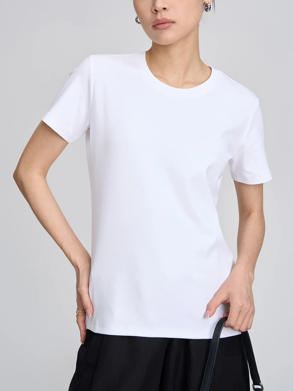 PIMA T-shirt en coton pour femme, coupe classique, manches courtes, col rond, t-shirts basiques unis, Y-