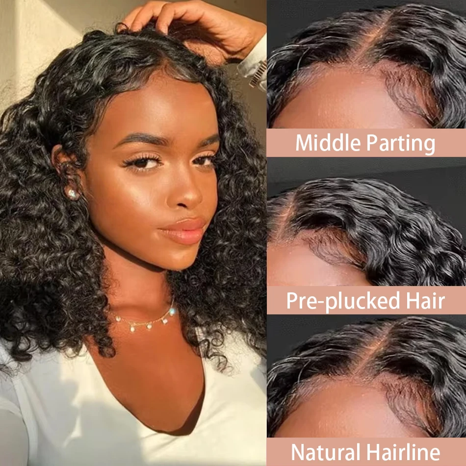 230% Density Short Curly Bob Deep Wave 13x4 Lace Frontal Wig 4x4 Transparent Lace Front Wigs Brazilian 100% Human Hair 14 Inch