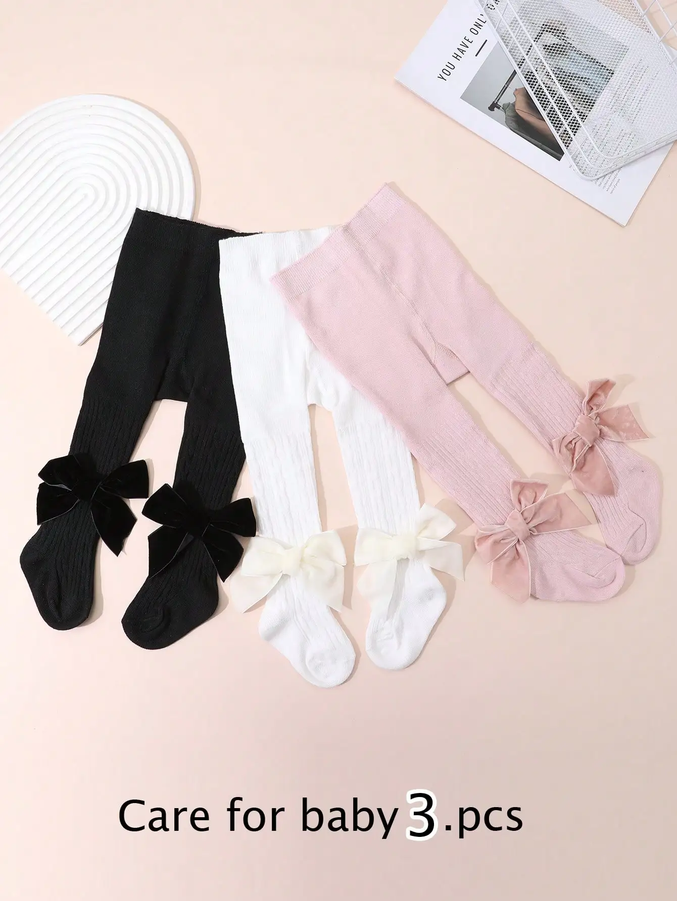 3Pairs Cute Princess Cable Knit Baby Tights Velvet Bow Stretch Pantyhose For Toddler Girls 0-3Y Casual Dress Matching Hosiery