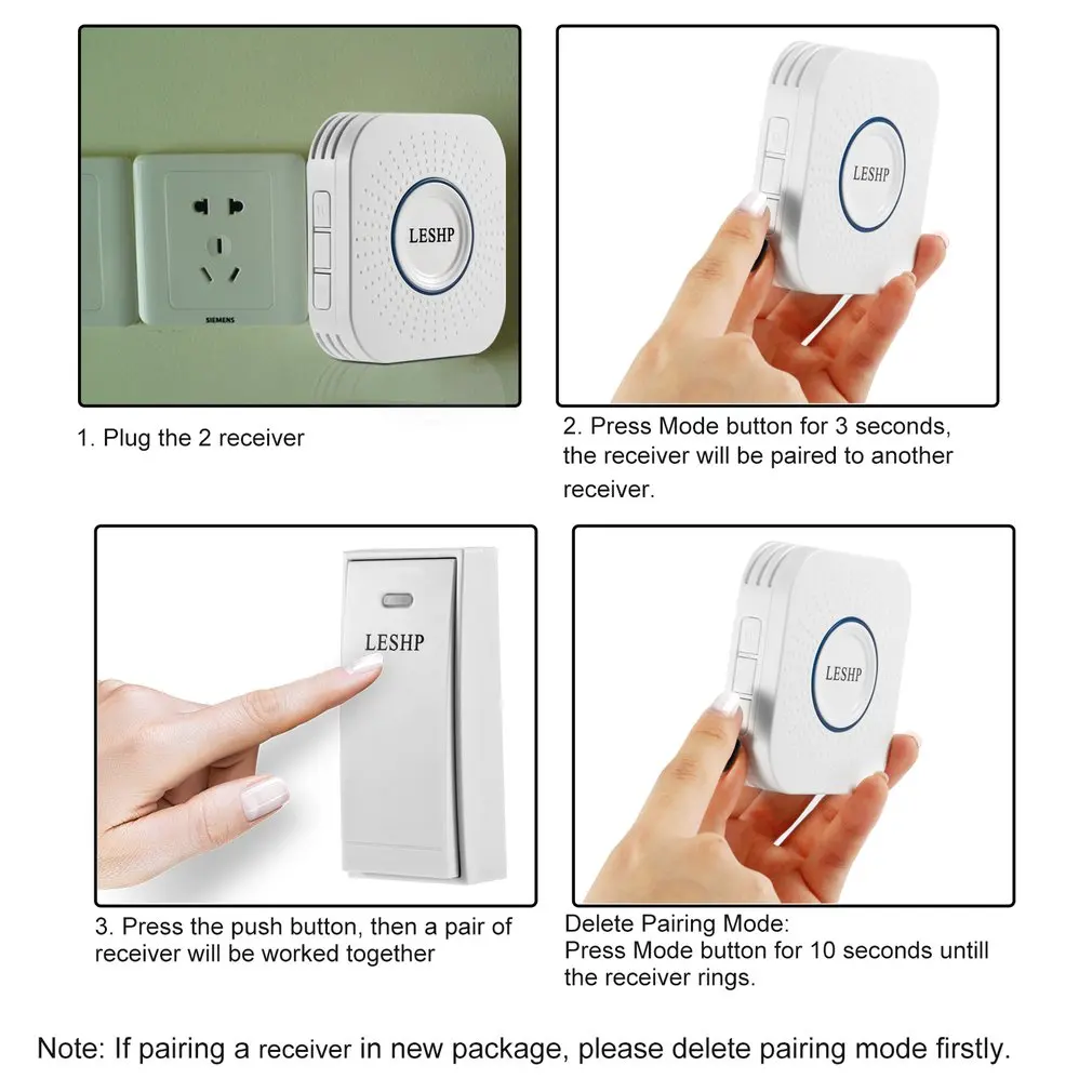 Leshp-campainha sem fio de longa distância, luz noturna de controle remoto, música de acordes com 2 plug US, 150m, 58 pcs