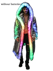 New LED Faux Fur Coat for Men Hooded Comfortable Thickened Winter Coat  Multi-Scene Personalized LED Stage Dance Party Costume