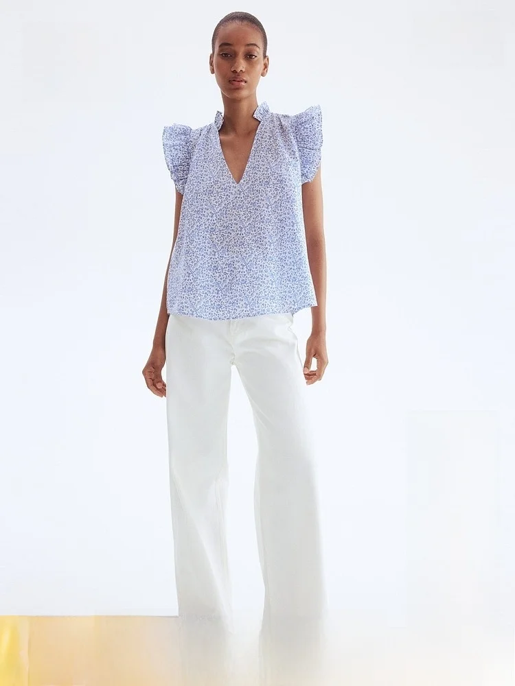 

Стильная повседневная хлопковая рубашка с плиссированным воротником и рукавами с оборками, V-образным вырезом, коротким рукавом и прямым кроем для женщин