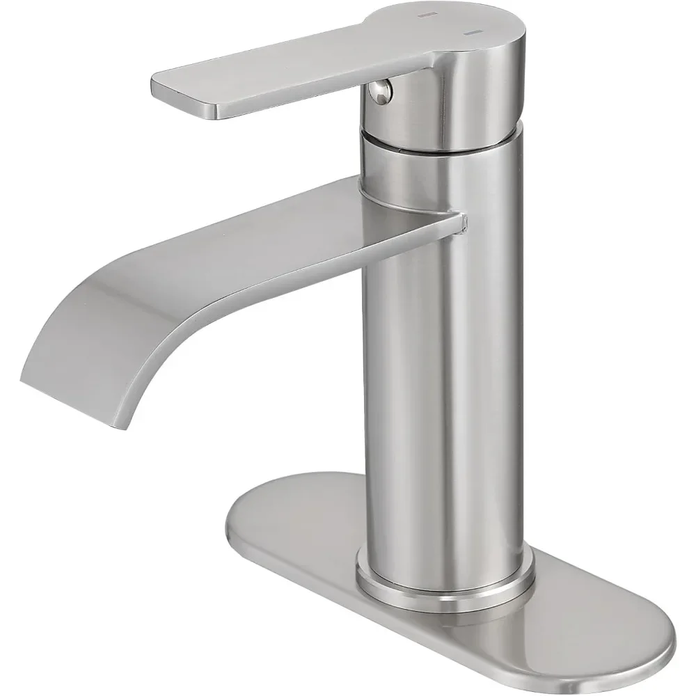 

Basin Faucets Brushed Nickel , Single Handle Bathroom Sink Modern Waterfall Bathroom Faucet 1 or 3 Holes with Deck Plate