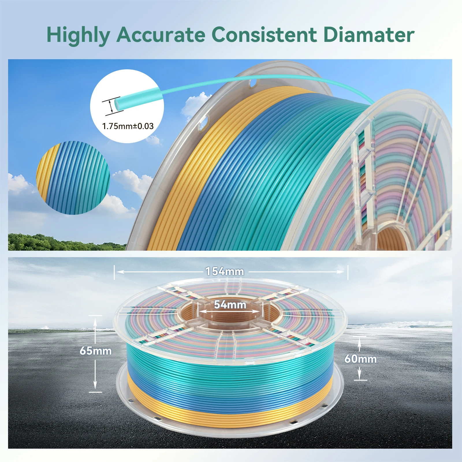 KINGROON 5 kg Seiden-PLA-Filament, 1,75 mm, 1 kg dreifarbiges Seiden-PLA-3D-Drucker-Filament, ordentlich gewickelt, mehrfarbige Regenbogen-3D-Filamente – Detail 3