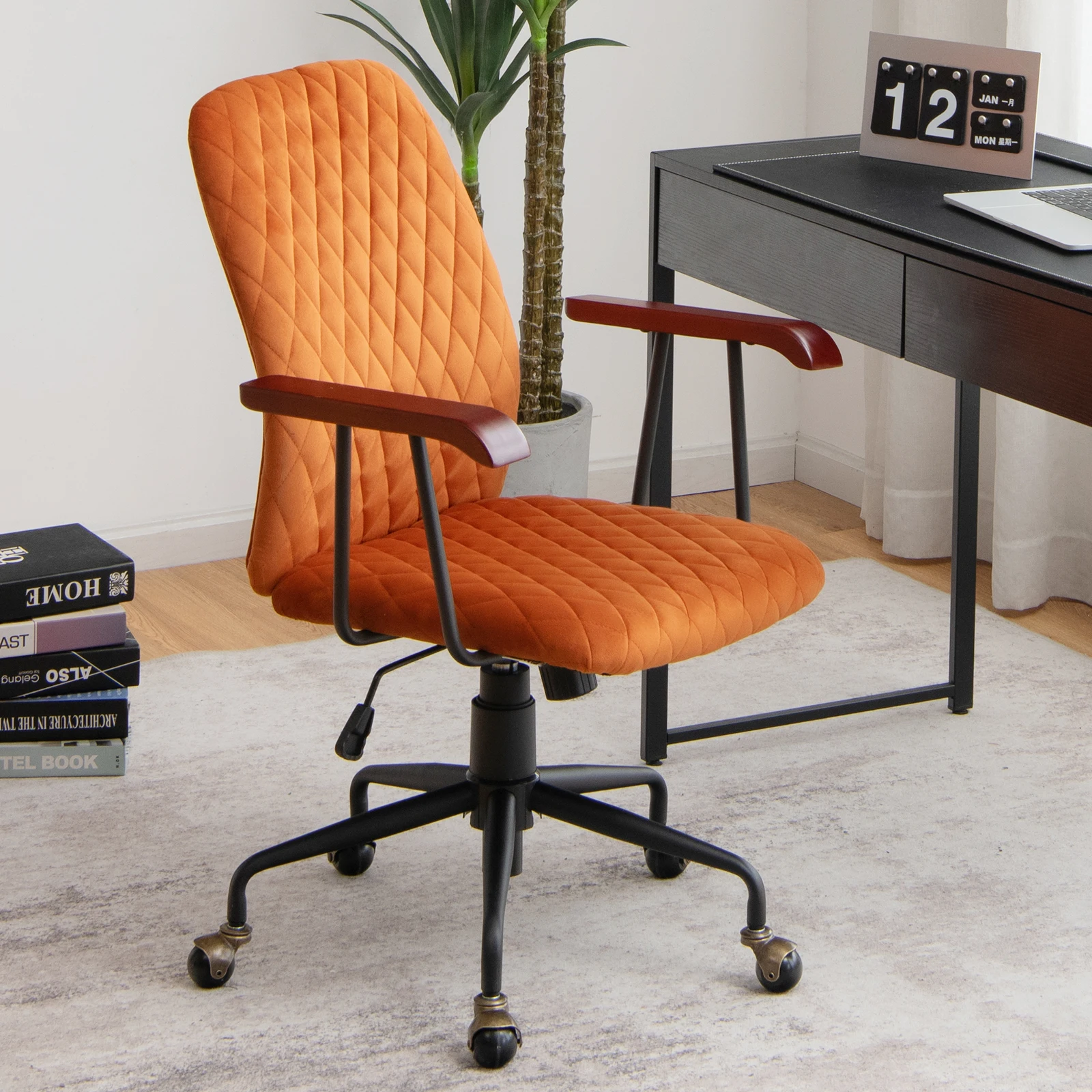 Velvet Home Office cadeira giratória, cadeira tarefa ajustável, braço de madeira, laranja