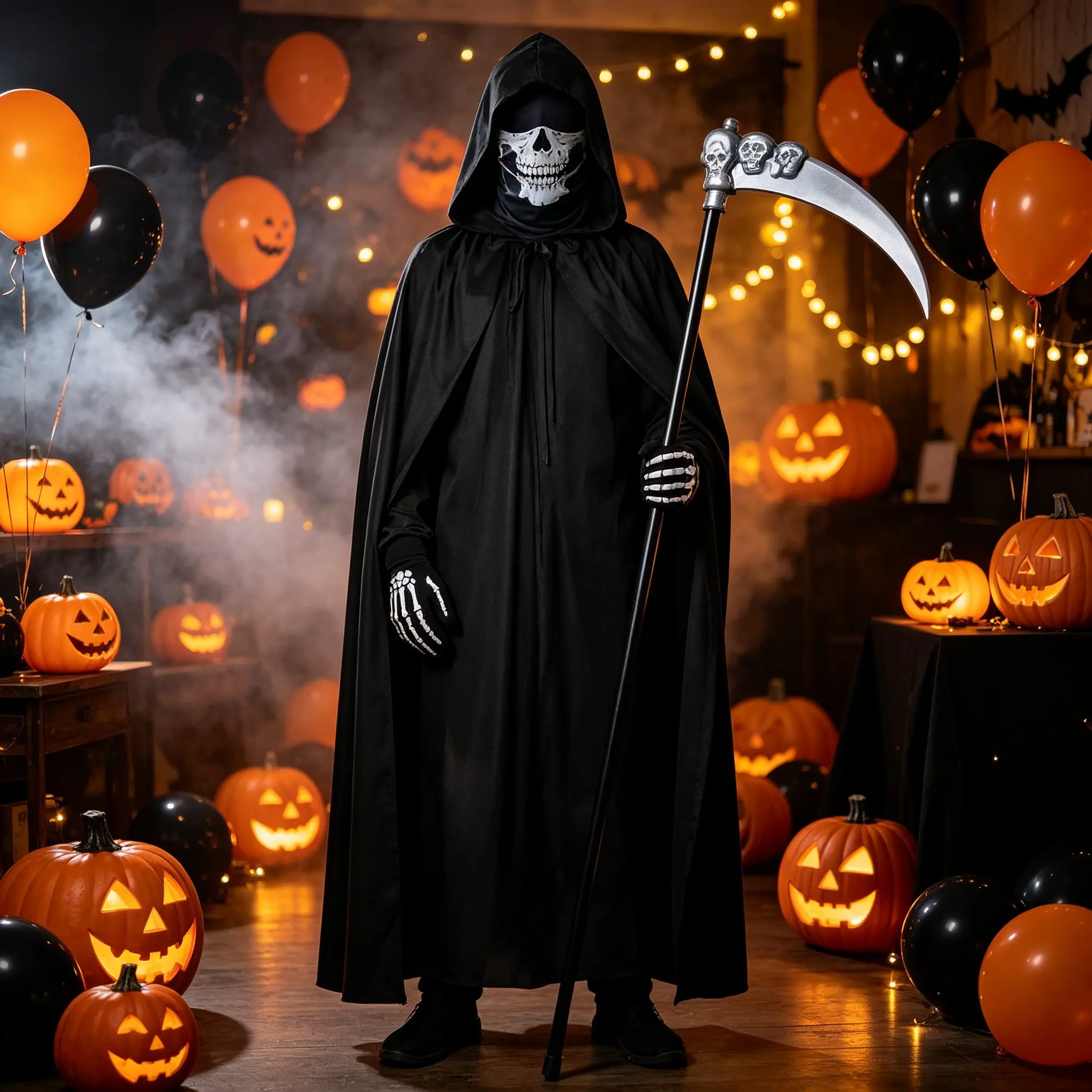 Halloween Sensenmann Cosplay Umhang-Set Hexen-Umhang in Schwarz mit Sensen-Requisit Geister-Party Bühnenkostüm Requisiten – Detail 4