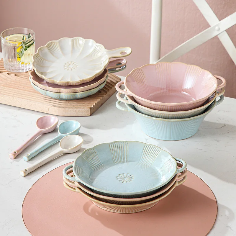 Sakura Relief Double Ear Circular Plate,Kiln Altered Glaze Solid Color Ceramic Home Soup Bowl,Dining Table Atmosphere Tableware