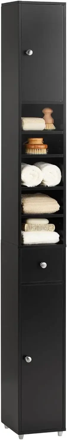 

Black Bathroom Tall Cabinet with 1 Drawer,2 Doors and Adjustable Shelves,Narrow Storage Cabinet with Open Compartments