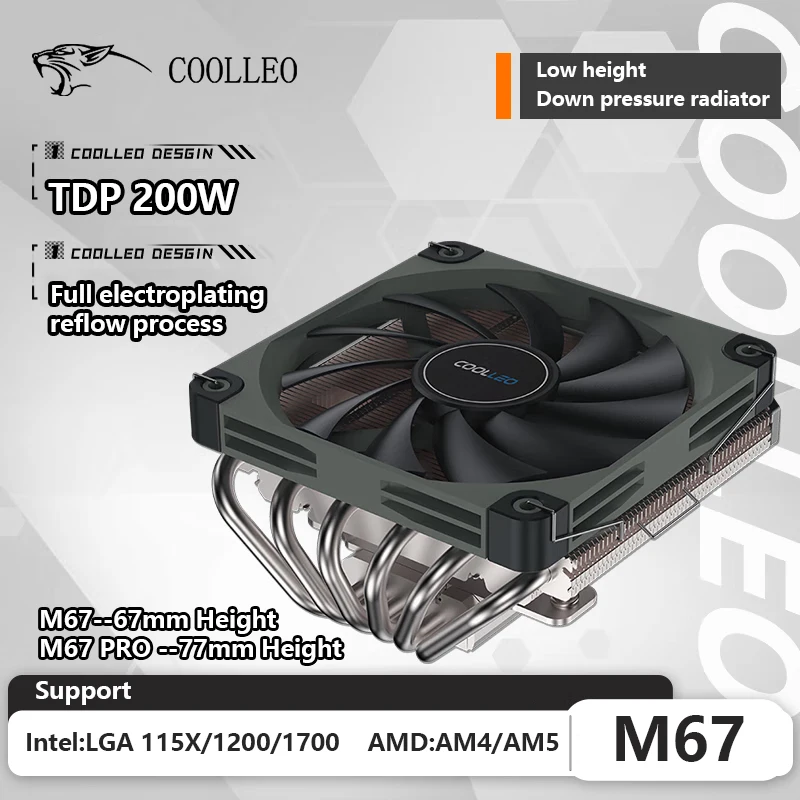 COOLLEO M67 ITX chassis CPU Cooler 6 Heat Pipes Reverse Gravity Down-pressure Air Cooling Radiator Full Electroplating Reflow