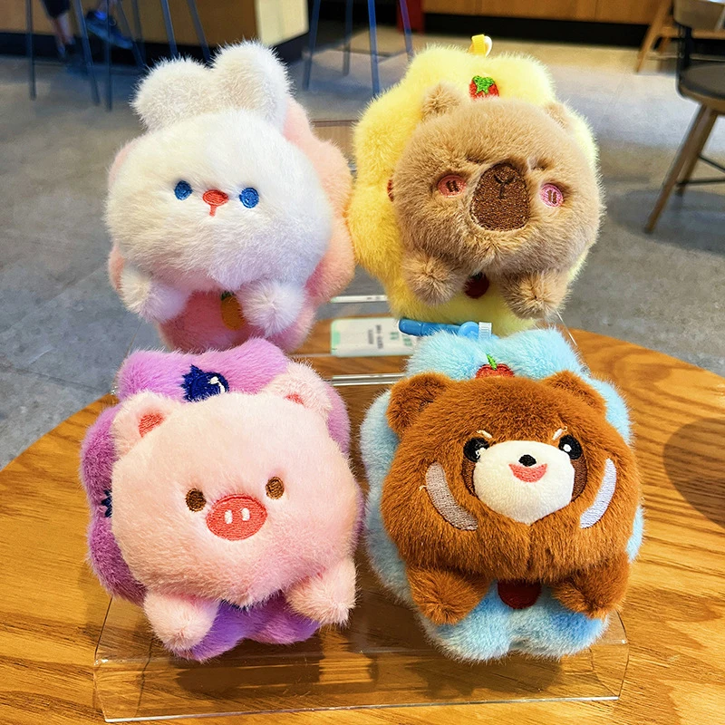 Porte-clés en peluche animal mignon, couronne créative de dessin animé, jouet beurre, capybara, over, raton laveur, lapin, ornements de sac à breloques, cadeaux de décoration de chambre