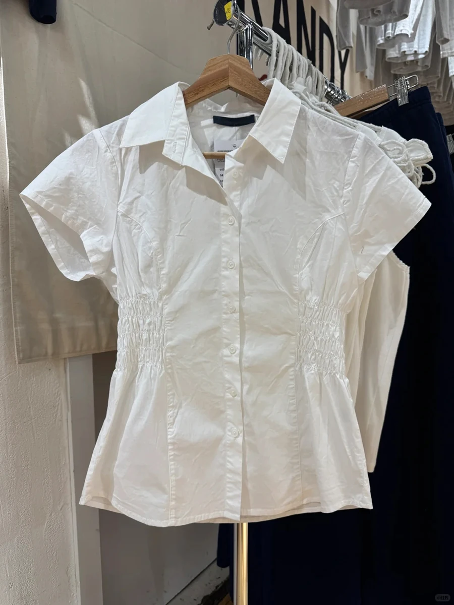 

Folds Elastic Waist White Blouse T-shirt Women Summer Lapel Slim Single Breasted Tees Cotton Sweet Simple Short Sleeve Shirt New