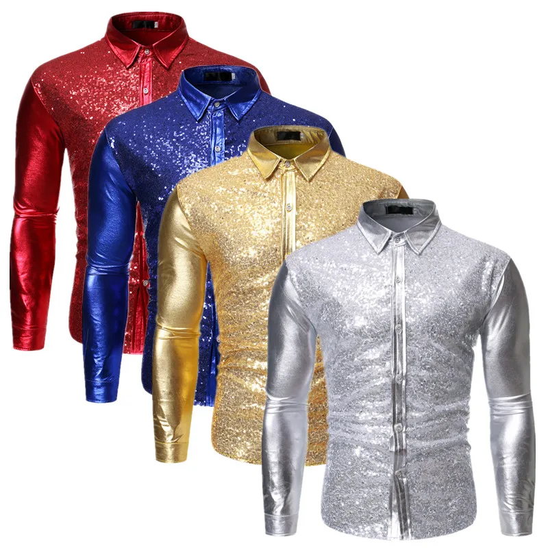 New Men Bar KTV Dance Party Luxurious Sequin Shirts Gold / Silver / Red Fashion Singer Stage Performance Dress Patchwork Shirt