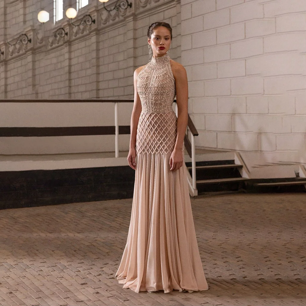 

High Neck Sleeveless Women Prom Gown Floor Length Tulle Lace Applique Elegant Dinner Party Dress 2025