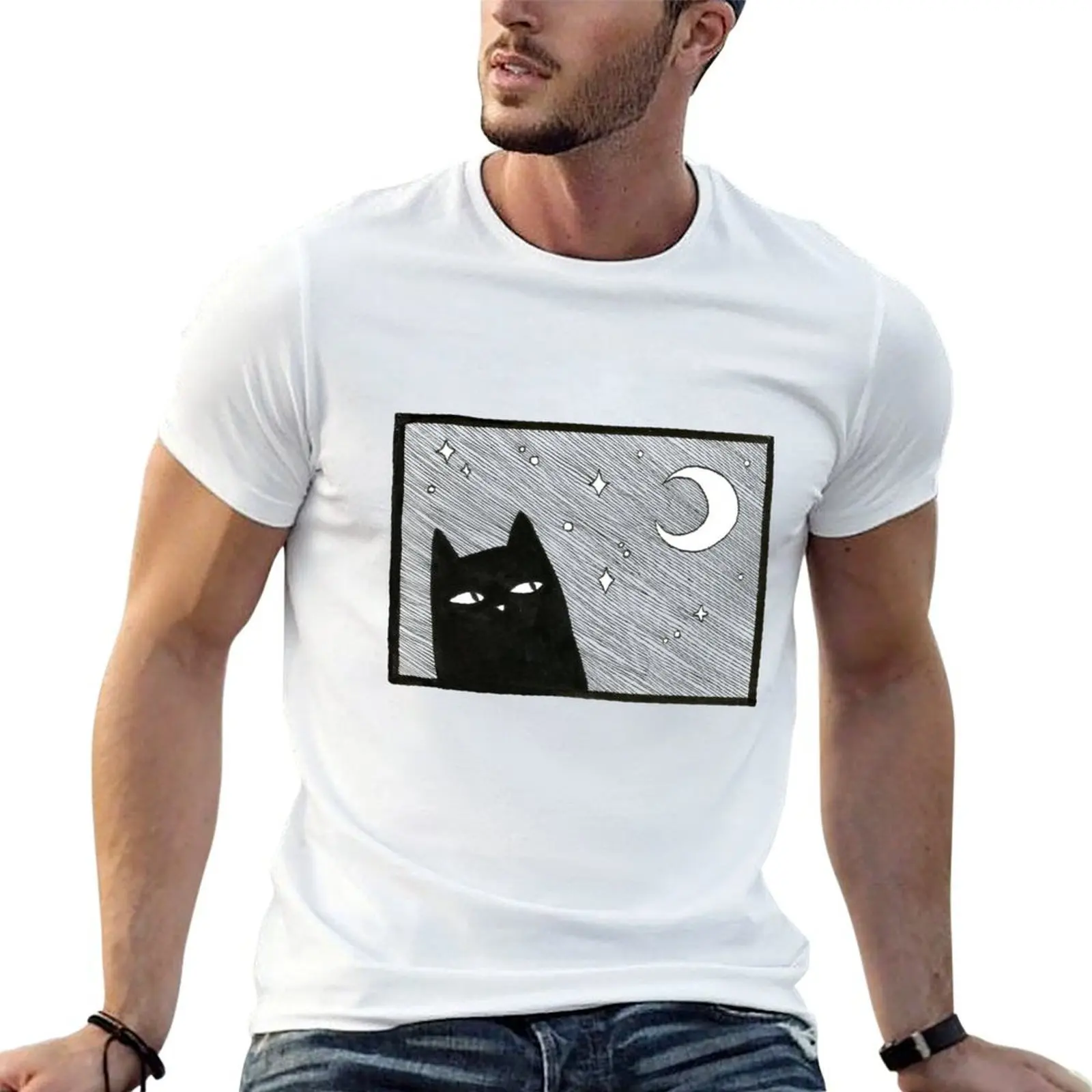 

Midnight Cat Illustration - Black T-Shirt t shirt for man 100 percent cotton t shirt man casual cotton tshirt 100% T-shirt
