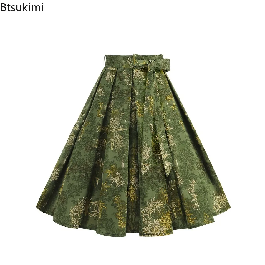

New 2025 Women's Hepburn Retro Style Green Botanical Print Pleated Skirt Casual Belted Knee Length Vintage Style Skirt for Women