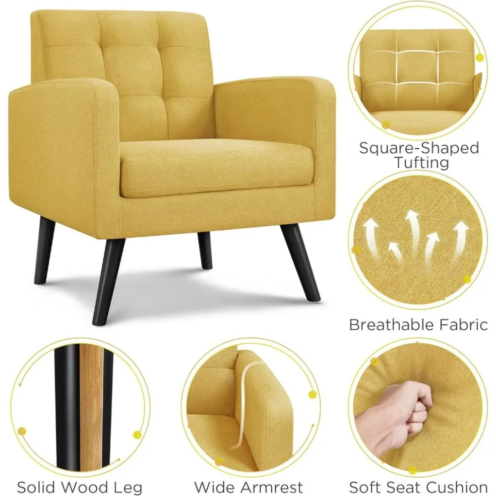 Mid-Century Accent Chairs, Modern Upholstered Living Room Chair, Cozy Armchair Button Tufted Back and Wood Legs for Bedroom