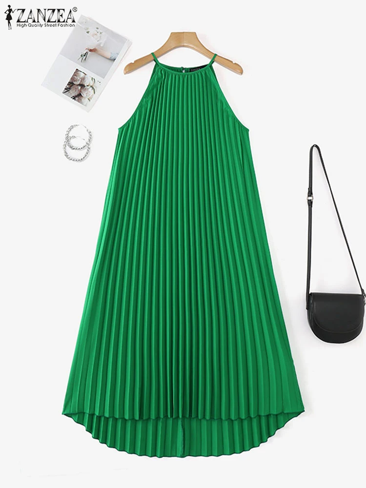 ZANZEA 2025 Vestidos plisados de verano, vestido largo liso sexi, batas sin mangas con tirantes a la moda, Vestidos largos Vintage con dobladillo Irregular