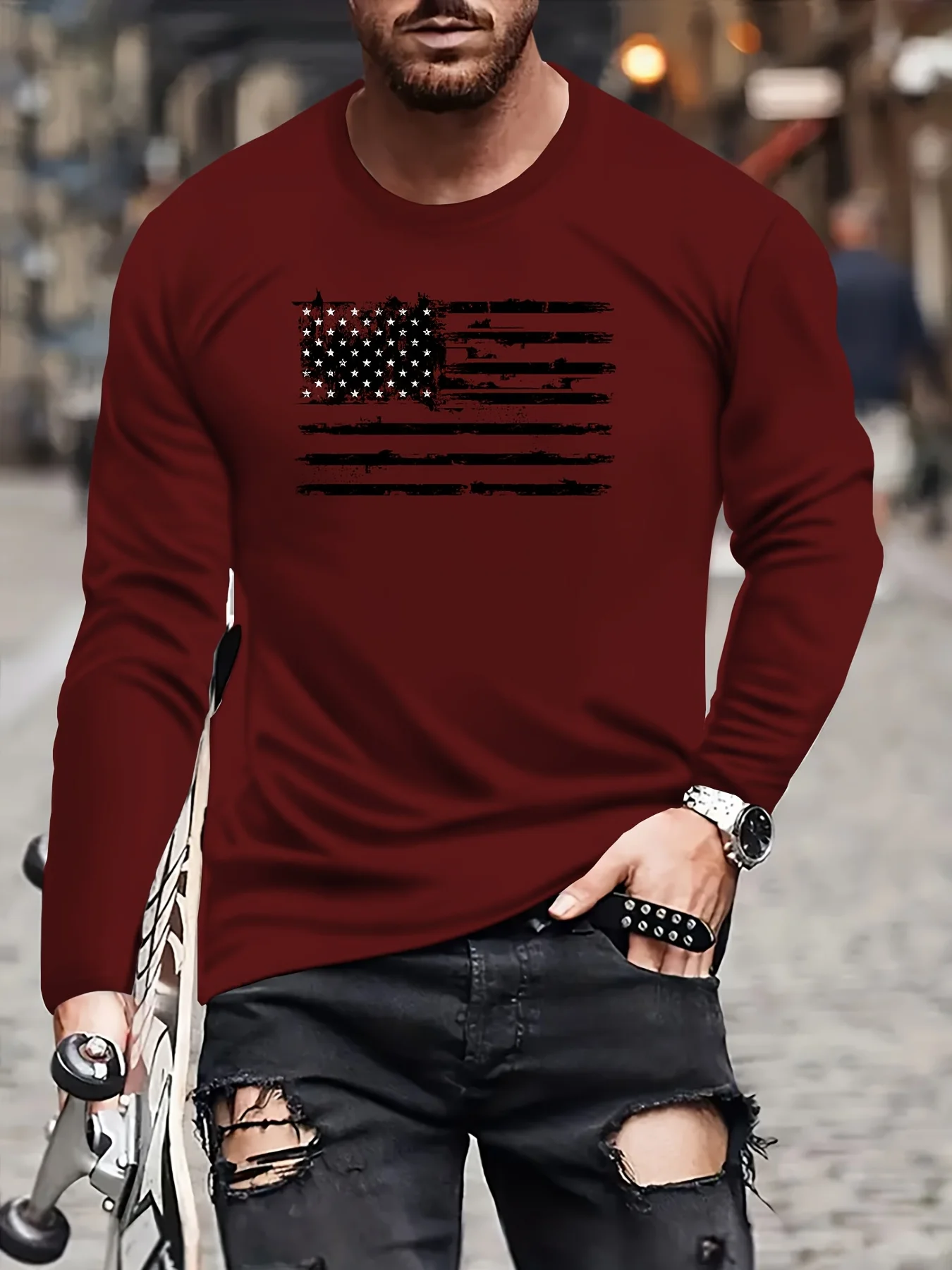 

Men's High-Elasticity Quick-Dry Athletic Shirt - Gradient Stripe Design, Long Sleeve, Crew Neck for Gym & Running 。