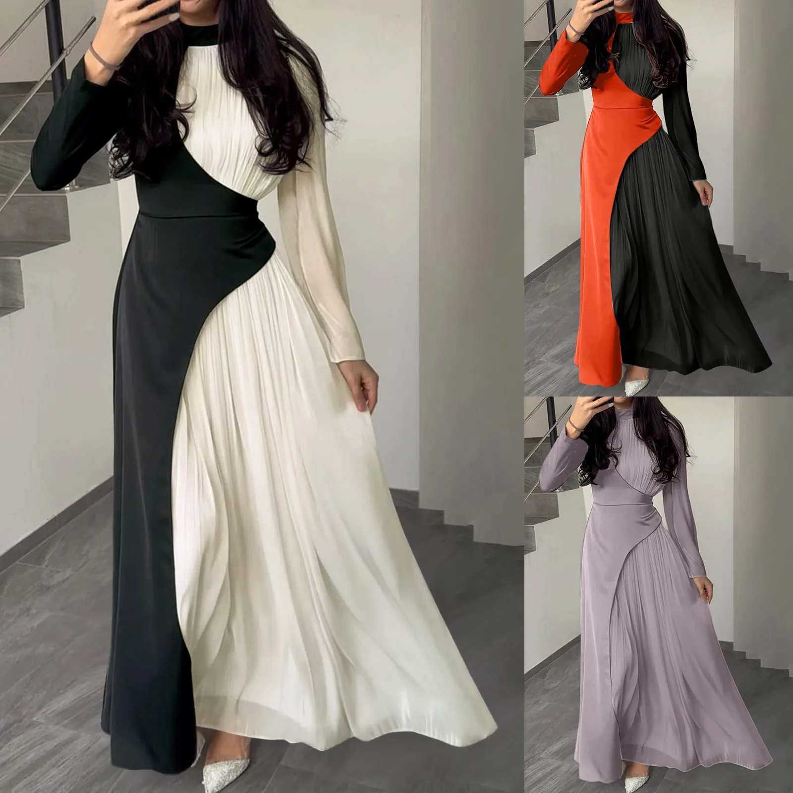 Women\'sElegant Patchwork Long Dress Spring Half High Neck Long Sleeve A-Line Maxi Dress Female Slim Waist Party Club Dresses