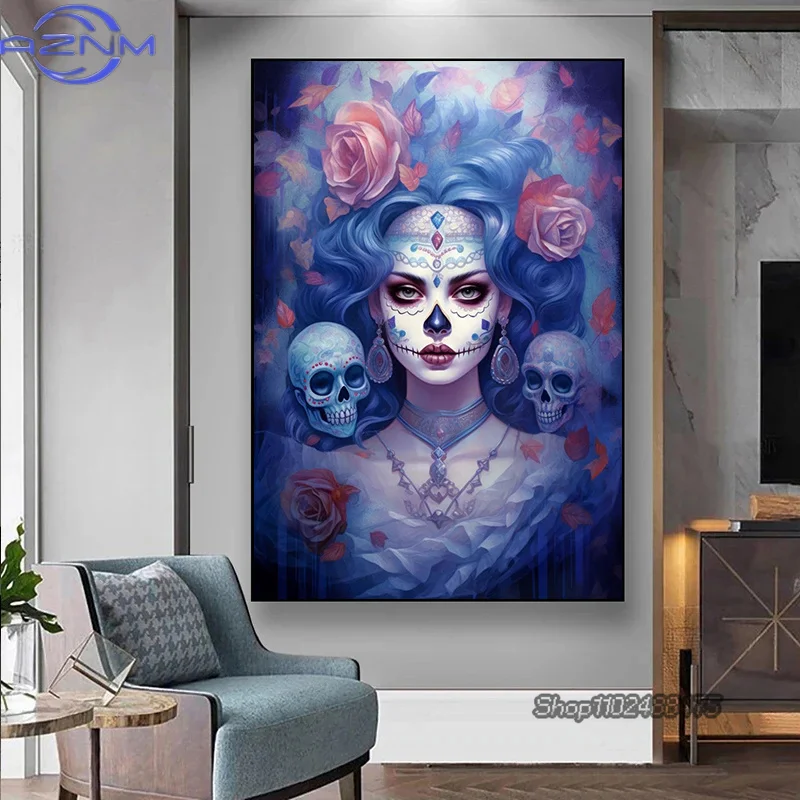 Mexican Girl Day of The Dead Gothic Catrina Sugar Skull Canvas Painting Posters and Prints Wall Art Picture for Room Home Decor