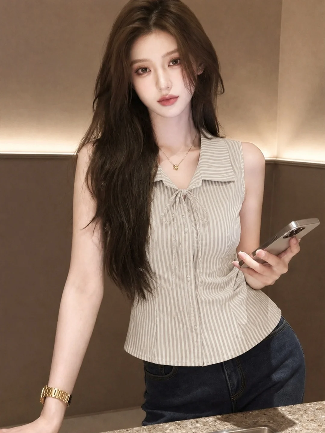 Slim Fit Striped Sleeveless Vest 2026 Summer Design Unique Fashion Commute Women's Clothing Korean Style Regular Length