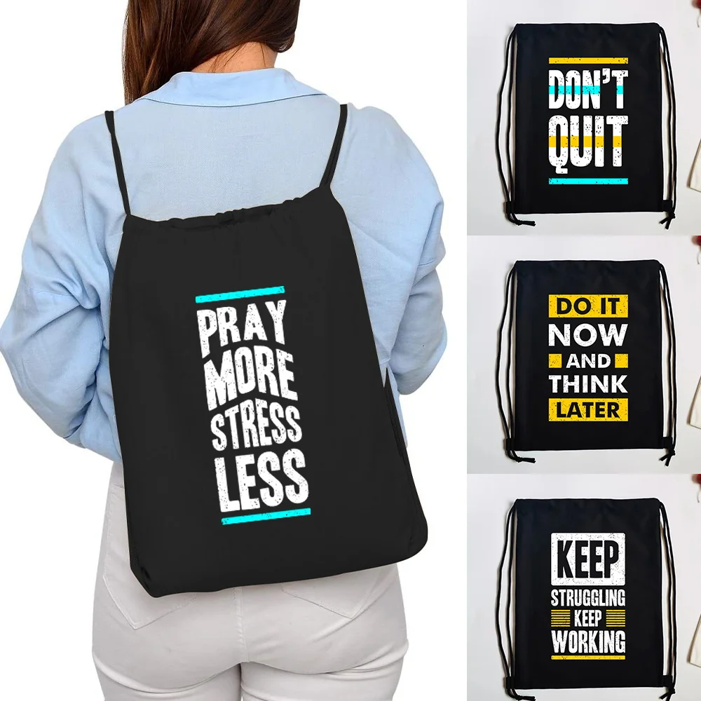 Convenient Shopping Canvas Backpack Phrase Print Drawstring Sport Bag Gym Bag Storage Portable Daypack