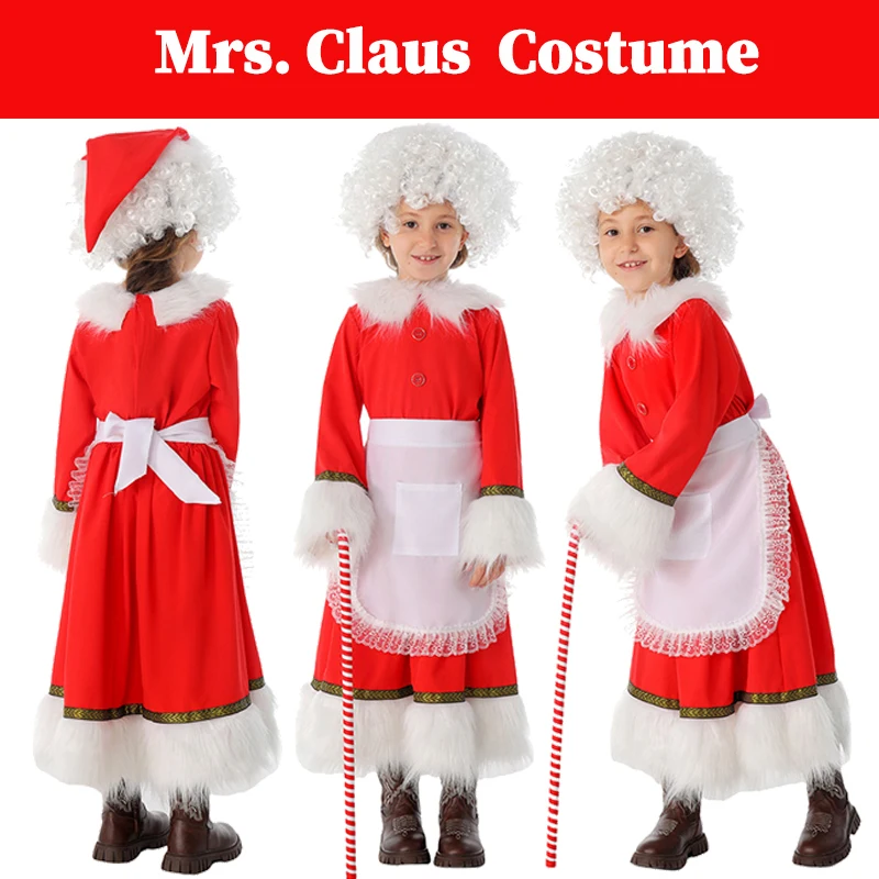 

Mrs. Claus Girls Roleplay Fantasia Costume Little Girls Children Child Red Dress Party Clothing Hat Wig Set Halloween Party Suit