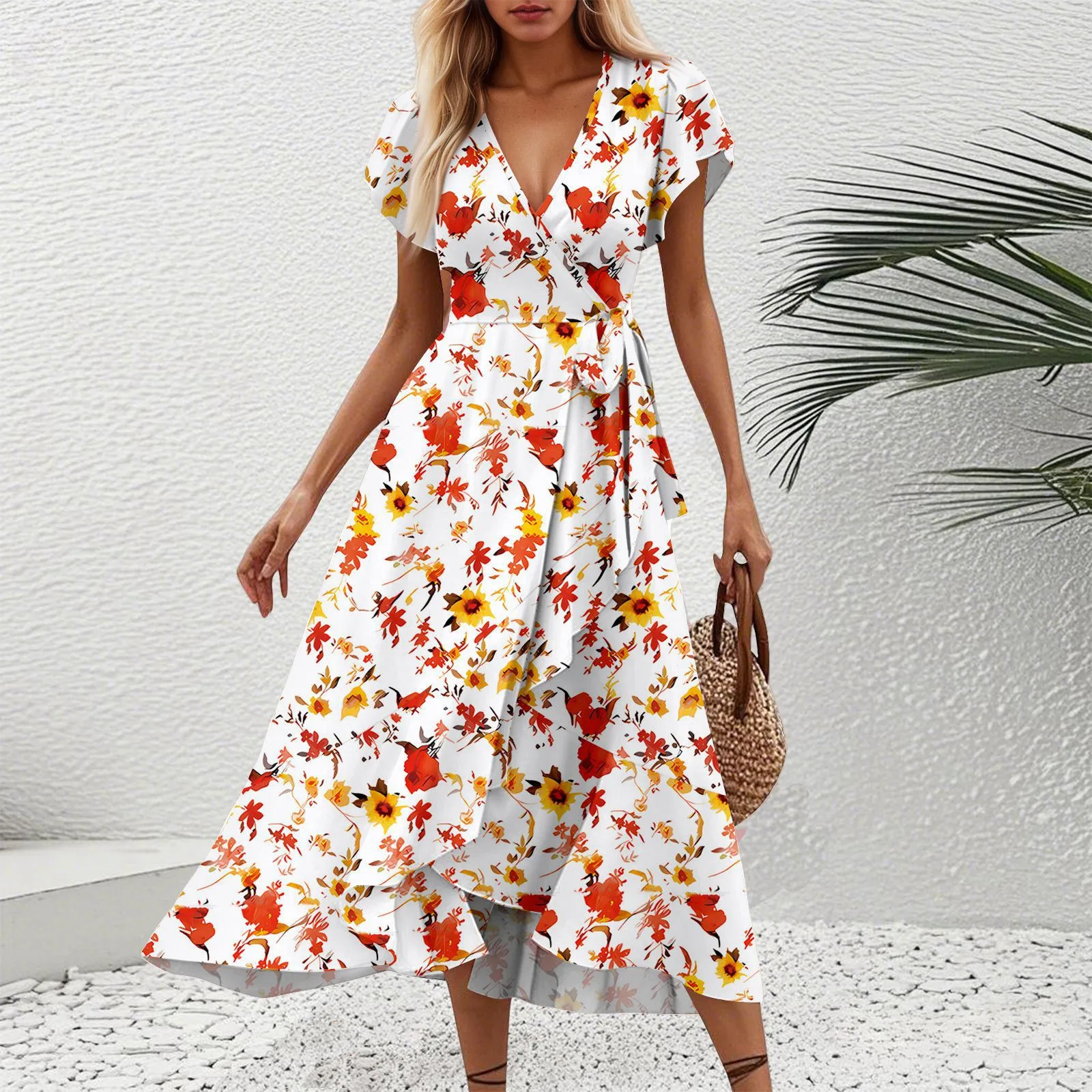 

Classic Beach Holiday Floral Bohemian Midi Dress Waist Wrap V-Neck Short Sleeves Ruffle A-Line Flowy Summer Dress For Female