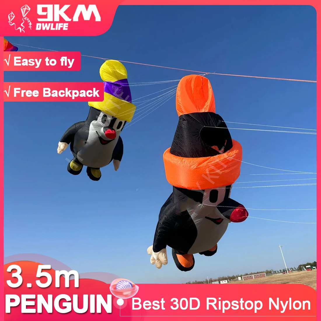 9KM 3.5m Penguin Kite Line Laundry Kite Soft Inflatable 30D Ripstop Nylon with Bag for Kite Festival (Accept wholesale)