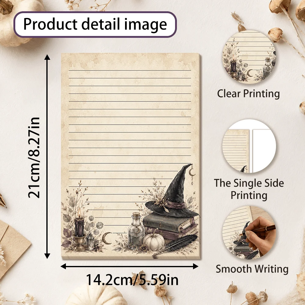 50 Sheets,  Vintage Dark Magic Witch Hat Writing Paper, Lined, Glue-free, Highly Suitable For Notebooks, Memos, And Stickers