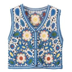 Schöne Frauen Sommer Westen Ärmel Taste Unten Häkeln Ins Floral Stricken Strickjacke Tops Ins Koreanische Weibliche Oberbekleidung M6CD