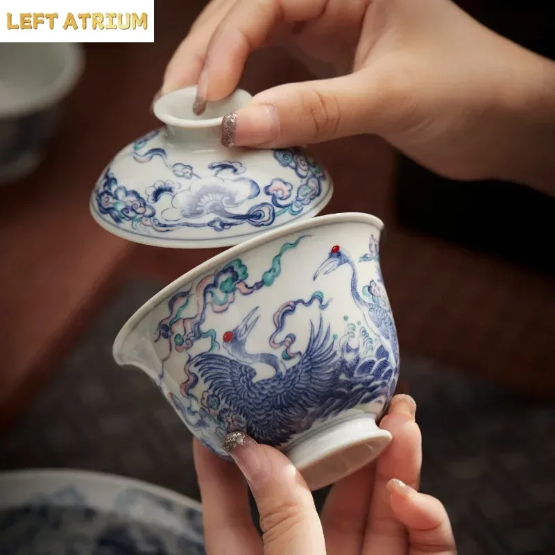 Jingdezhen Chinese Blue and White Cover Bowl, High-end Tea Room Hospitality Host Cup Birthday Gift TeaCup Guest Cup Pot Bearing