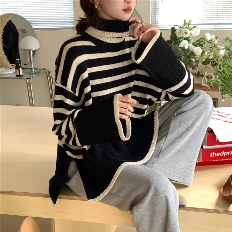 Gidyq Women Slit Knitted Sweater Autumn Korean Fashion Stripe Loose Long Sleeve Jumper Casual Female Streetwear Pullover New