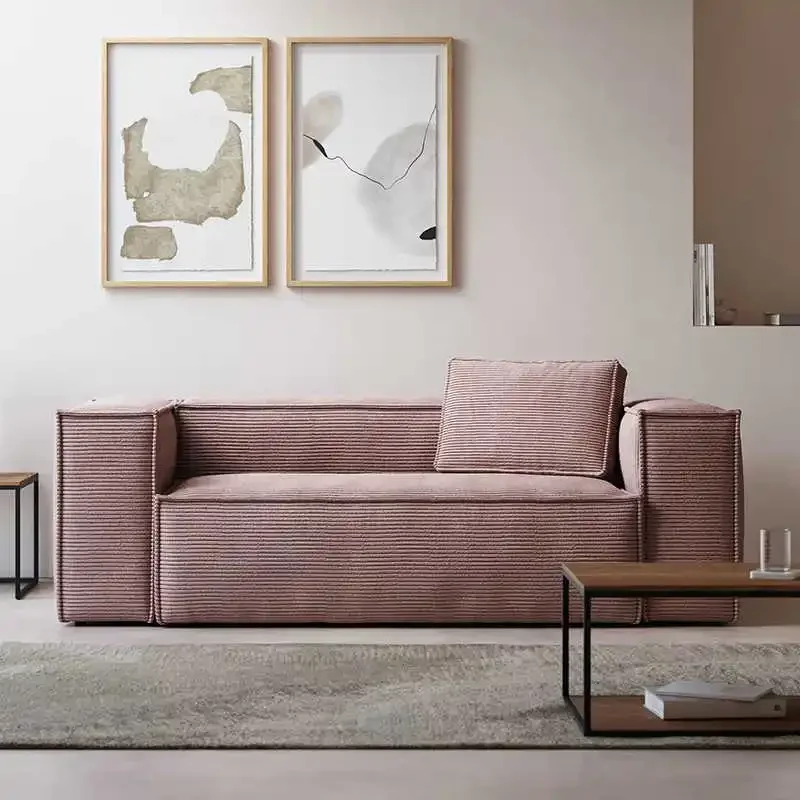 ！@Small Living Room with Three People, Straight Row Fabric Sofa, Corduroy French Retro Tofu Block Module