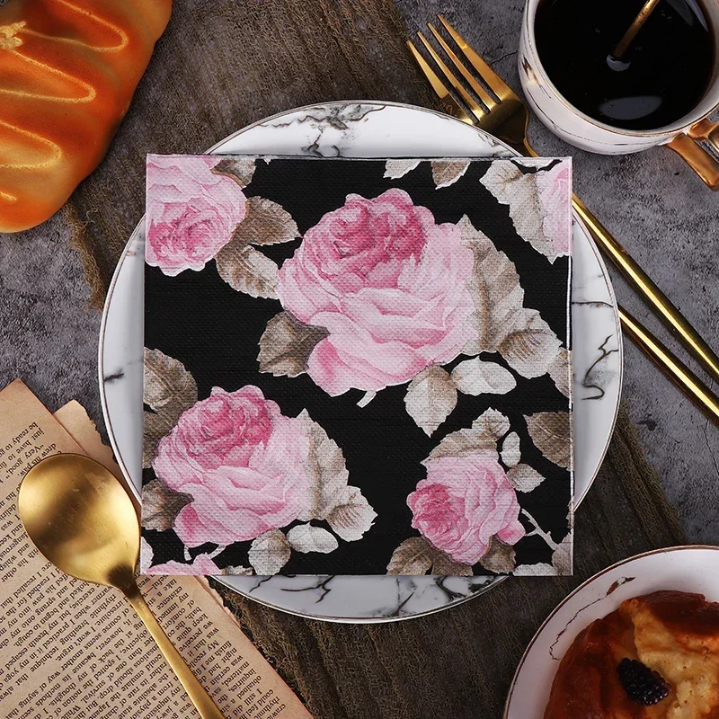 New Black Flower Printed Paper Napkin Chinese Style Pure Wood Pulp Paper Party Decoration Paper Placemat 2ply 20pcs/pac 33*33cm