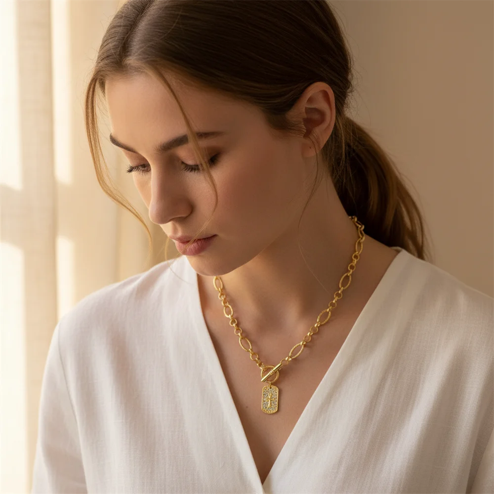 Gorgeous Gold Color Plating Cross Engraved Clear Stone Decorated Square Pendant Front Enclosure Special Unique Chain Necklace