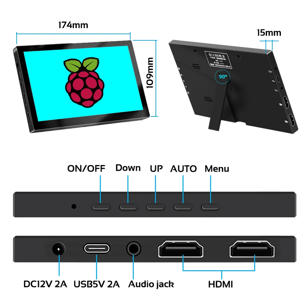 7 Inch Portable Touch Monitor 1024x600 HD HDMI Type C Built-in Speakers, Small External Screen for Laptop PC Raspberry Pi