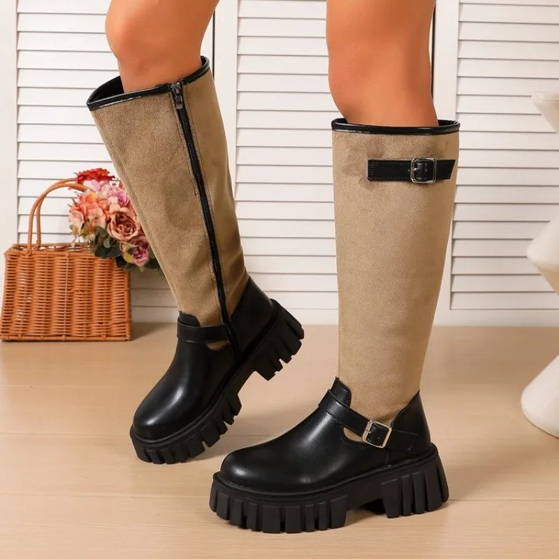 2026 Retro Splicing Buckle Decor Thick Soled Women's Mid Calf Boots Fashion New Round Toe Comfort Side Zipper Women Long Boots