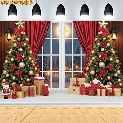 

Christmas Day Wreath Family New Year Party Photography Backdrops Prop Window Living Room Xmas Tree Gift Snow Background VN-06