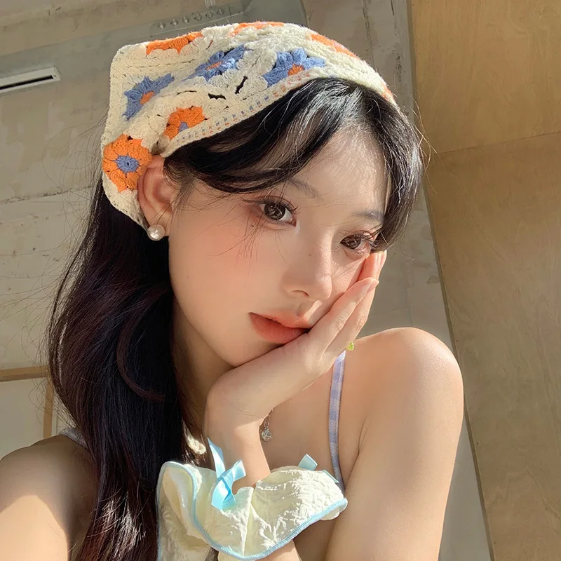 צרפתית רטרו סרגה פרח צעיף נשים כובע פסטורלי בסגנון חוף חוף הים חופשה-גוון שיער