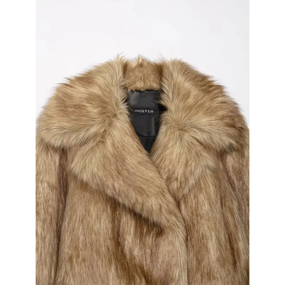 Nieuwe dames wintermode kaki nepbont open steekjassen vintage revers hals lange mouwen vrouwelijke elegante chique dame outfits