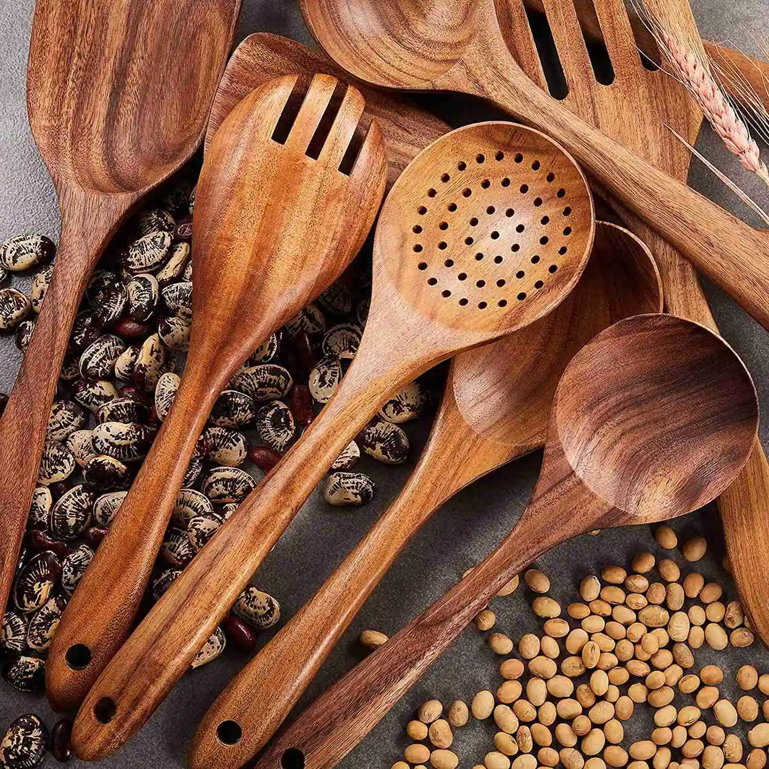 A66I Wooden Kitchen Utensils Set,9 Pcs Wooden Spoons for Cooking,Wooden Cooking Utensils,Wooden Spoons for Non-Stick Pan