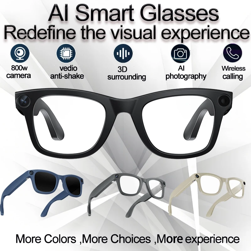 

Новые очки для камеры, мужские и женские записывающие видео, перевод в реальном времени, беспроводной Bluetooth-вызов, AI, голосовая музыка, сенсорные умные очки